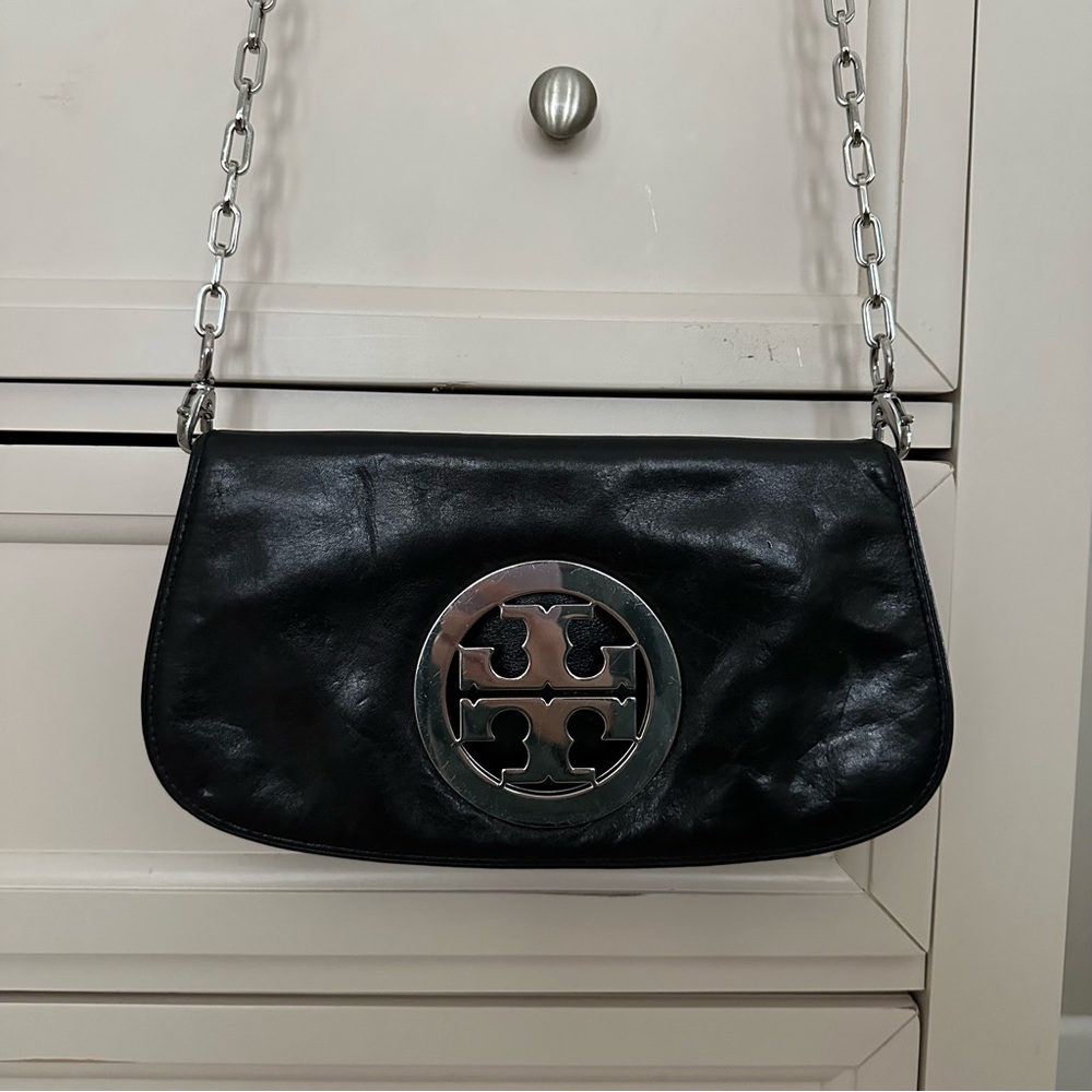Tory Burch Black Leather Shoulder Bag with Silver Chain